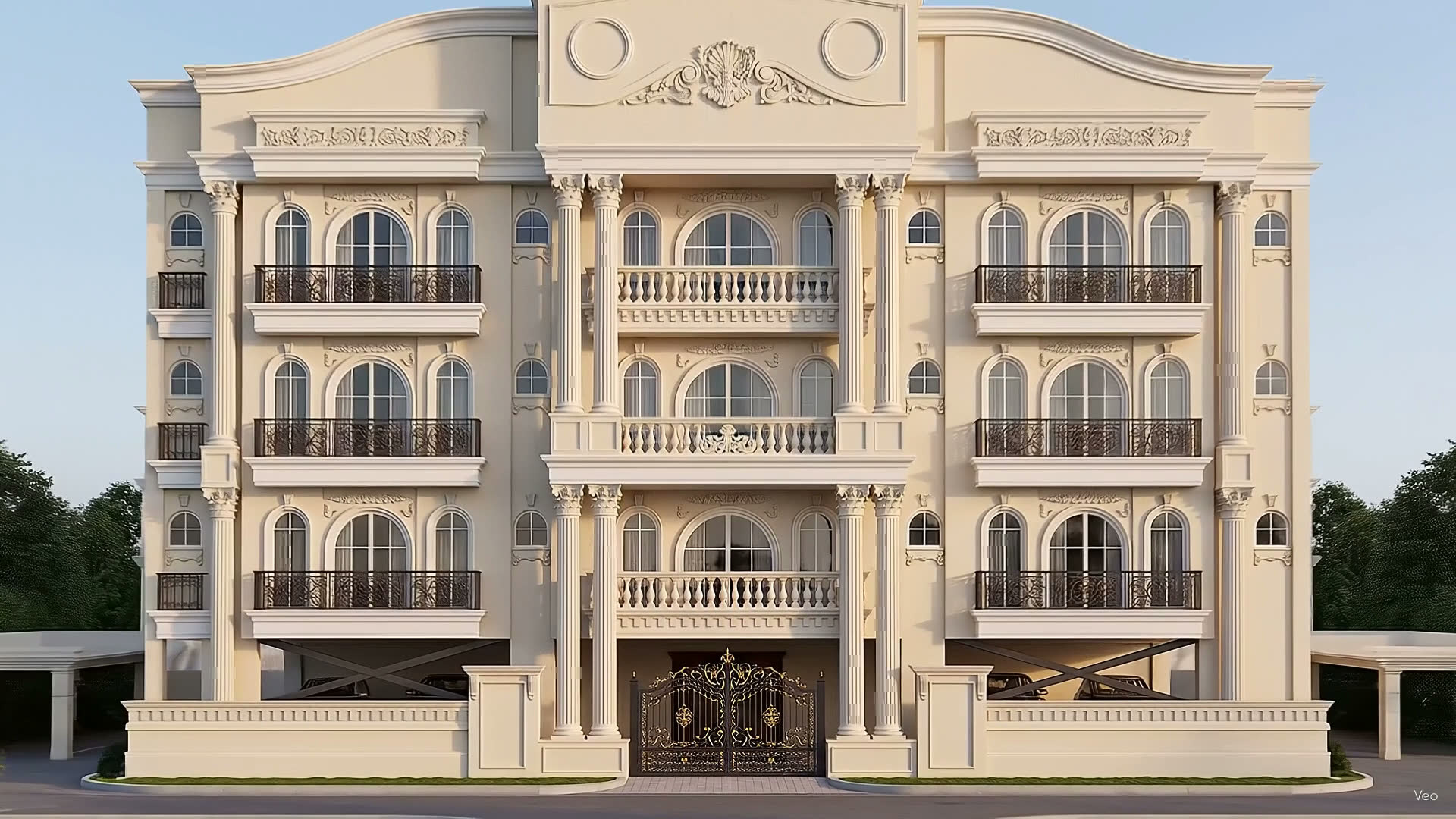 A four-storey classical residence seen square-on in low golden light: three bays of arched windows with iron balconies, a columned centre bay above an ornate gilded gate, and a low boundary wall with trees to either side.