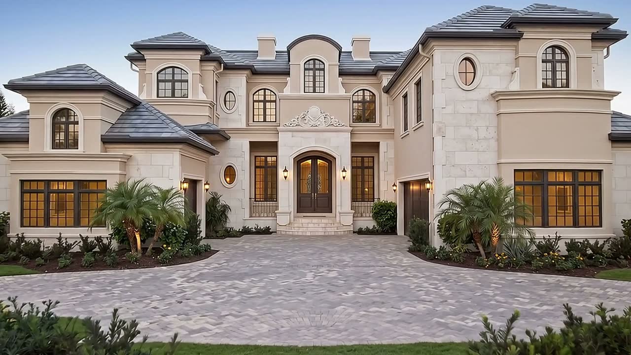 The front of the house at dusk: a two-storey stone elevation with a tiled roof, an arched double door in the centre, and a paved court running up to it between palm trees.