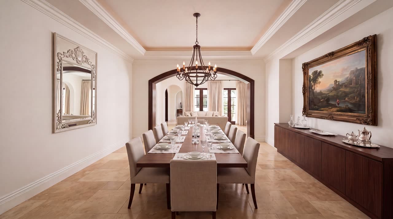 The dining room laid for ten under an iron chandelier, with a shallow tray ceiling, a dark wood sideboard, and an arch through to the living room.