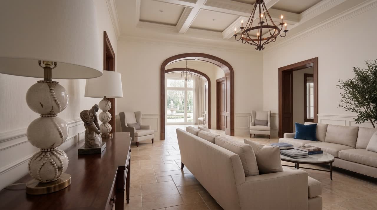 The living room looking towards the garden, with a beamed and coffered ceiling, an iron chandelier, cream sofas, and an arched opening to glazed doors at the far end.