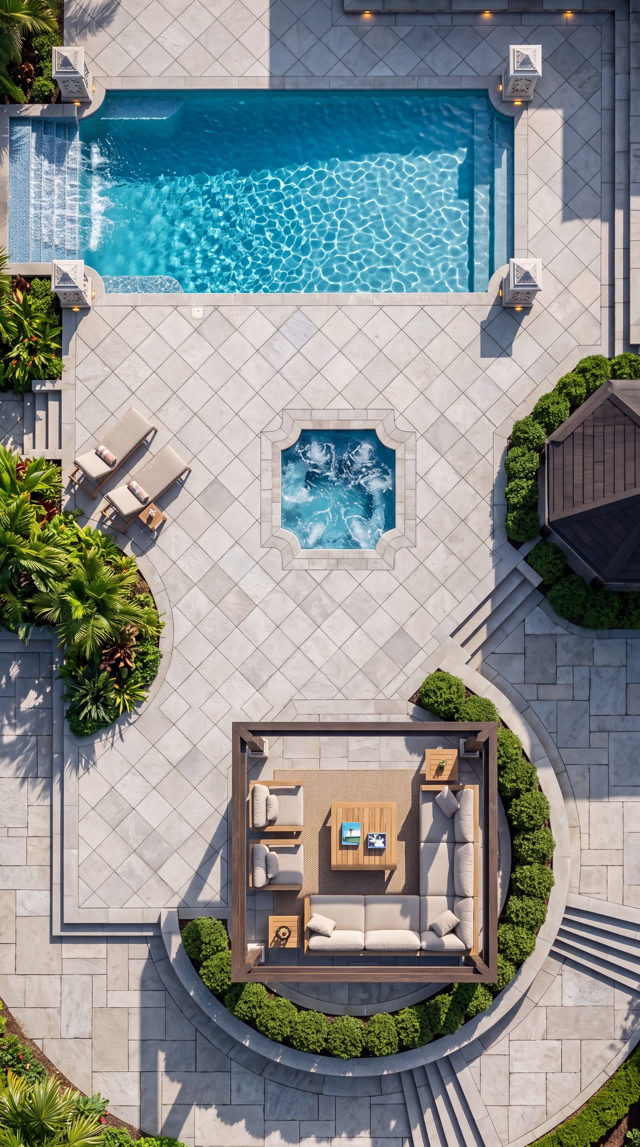 The terrace seen from directly above: a rectangular pool along one side, a square spa in a stone surround in the middle, and a seating area set into a circle of paving with a hedge around it.