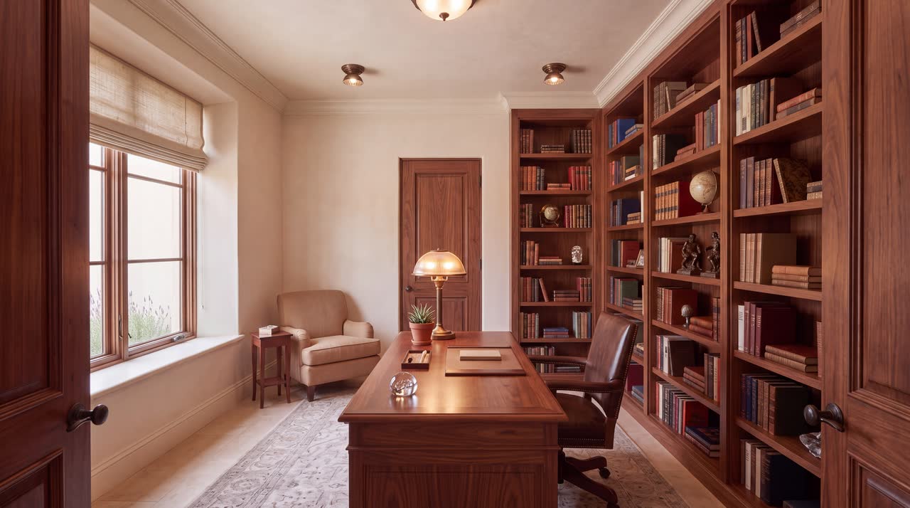A study lined in timber, with shelving built into two walls floor to ceiling, a desk and leather chair in the middle, and one deep window with a blind.