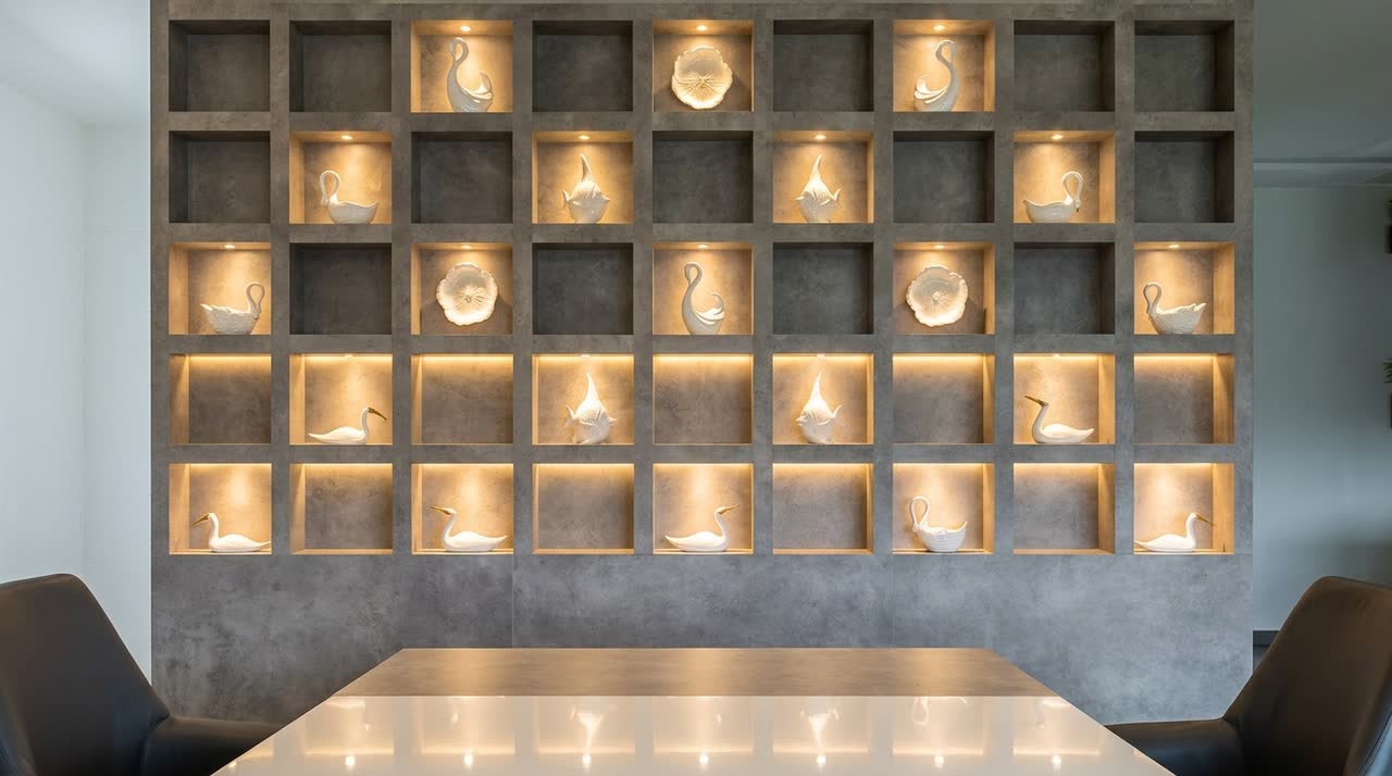 A wall of square niches in a grey concrete finish, each lit from within and holding a single white ceramic bird or bowl, with the edge of a pale table in front of it.