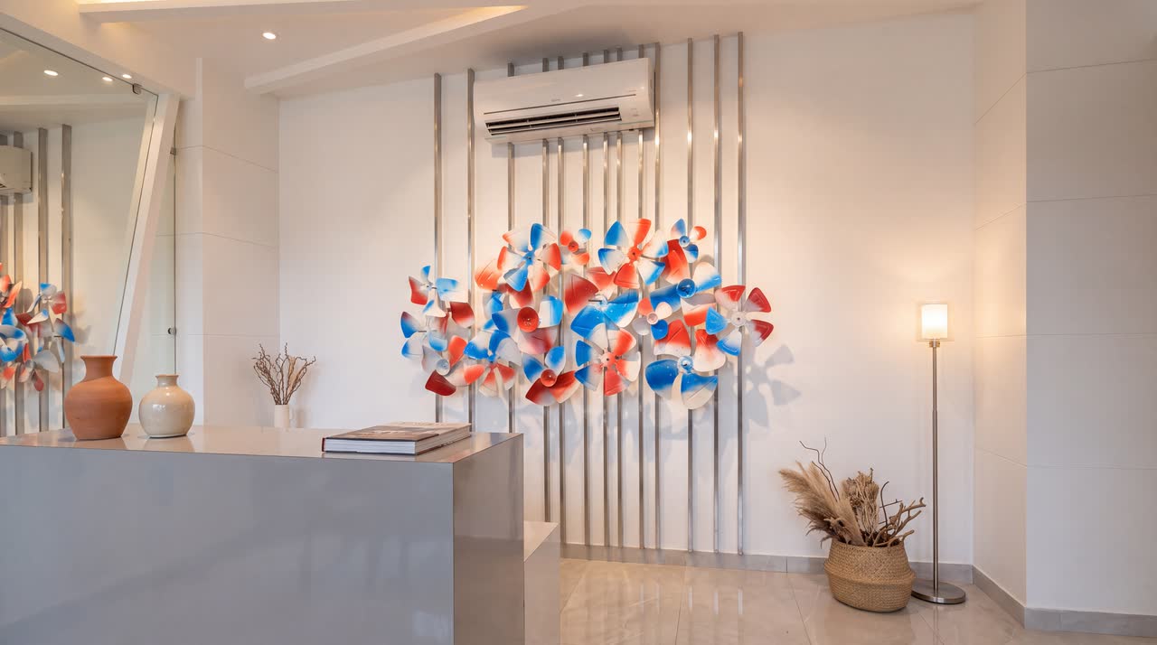 The reception counter with a metal wall sculpture behind it in red, blue and white, mounted on vertical steel rods, with a floor lamp and a basket of dried stems alongside.