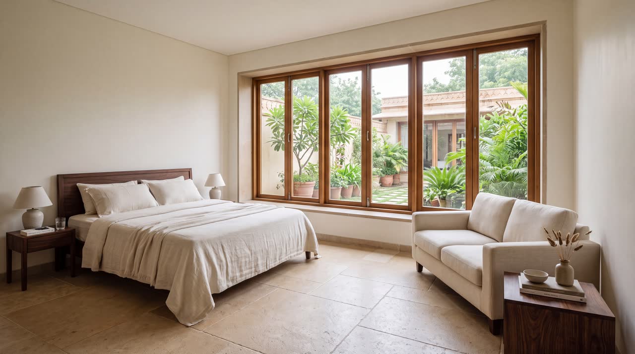 A bedroom with a timber bed, a sofa at the foot of it, and a wide timber-framed window looking onto the garden and the house opposite.