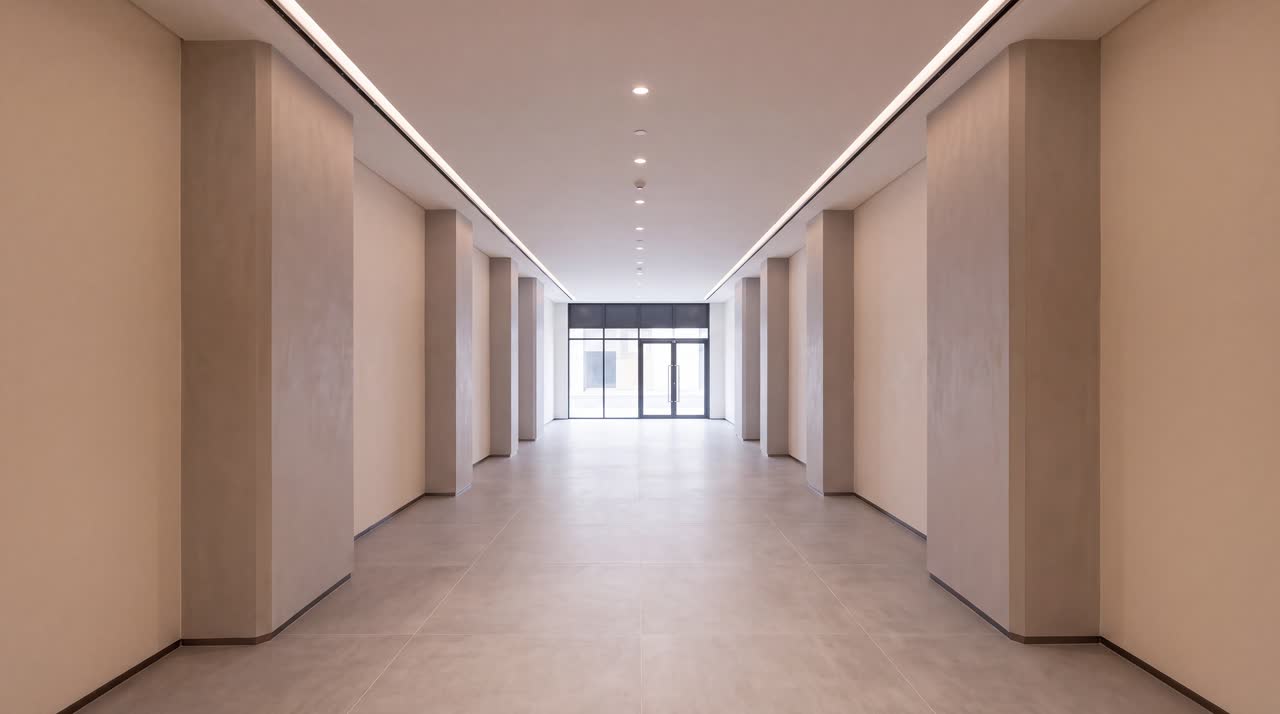 A long corridor with pale plaster piers down both sides, a recessed line of light along the ceiling, a stone floor, and a glazed door at the far end.