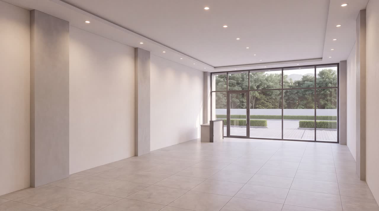 An empty hall with white walls, downlights, a pale tiled floor and a large glazed wall onto the garden.