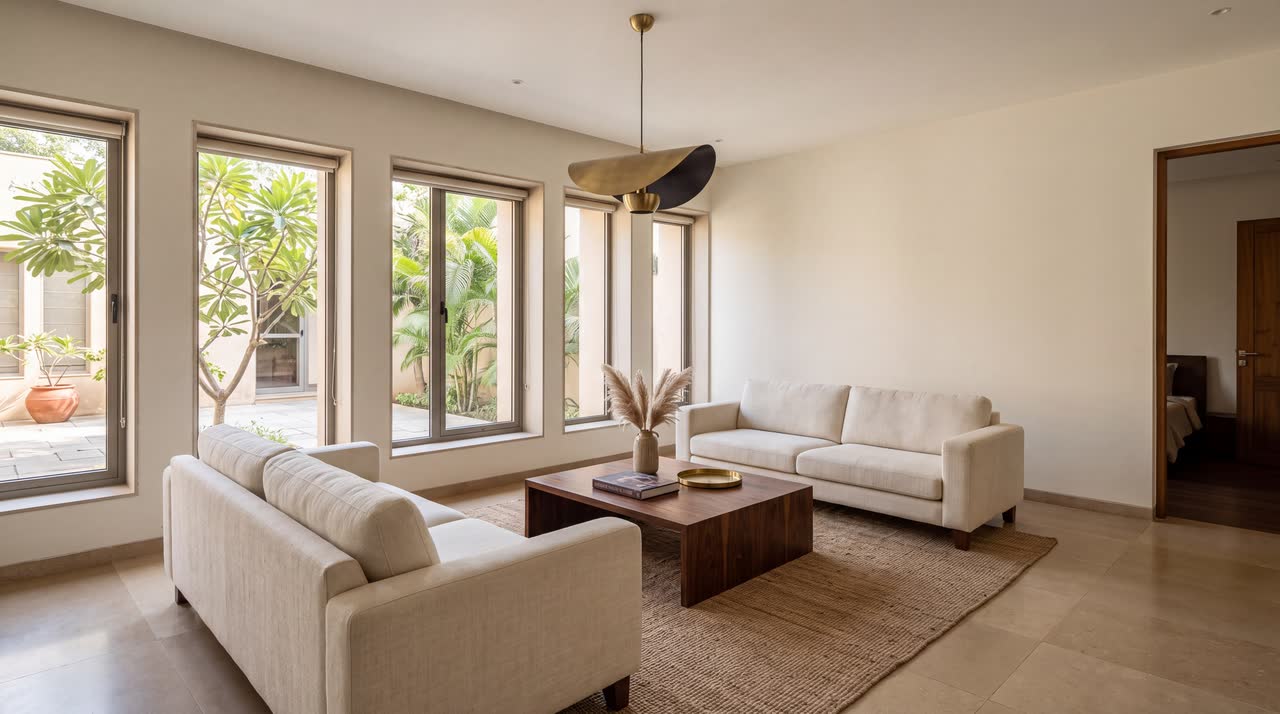 A living room with two pale sofas facing across a low timber table on a rug, windows on two sides looking into a planted garden, and a pendant light above.