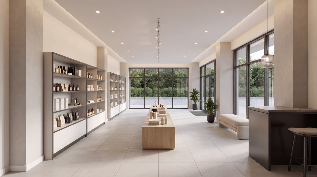 The showroom from the far end: tall shelving stacked with product, a light timber display table in the middle of the floor, and a dark counter at the right.