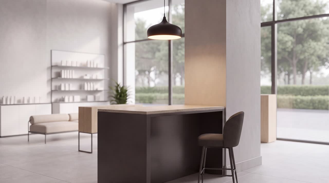 The service counter in dark stone with two upholstered stools, an open shelf unit behind it, and full-height glazing on two sides.