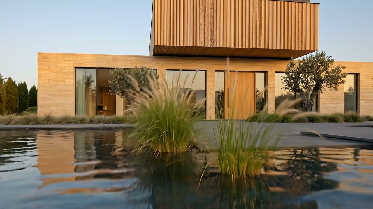 The house seen low across a shallow reflecting pool, ornamental grasses in the foreground and the timber upper storey behind.