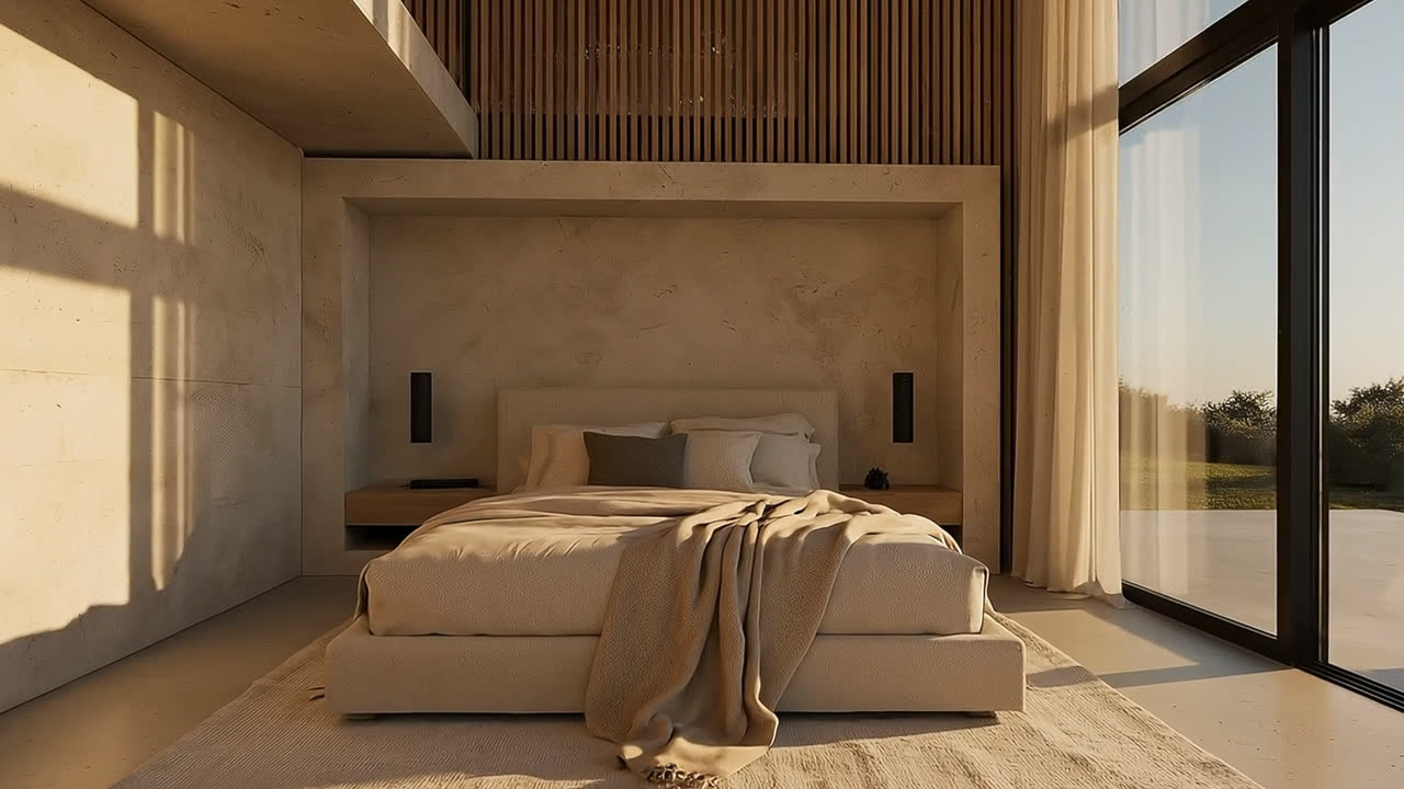 A bedroom on the upper floor, the bed set against a plaster wall with full-height glazing along one side looking out to open landscape.