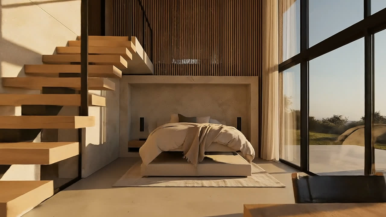 A bedroom with the bed set below an open-tread stair, glazing to one side.