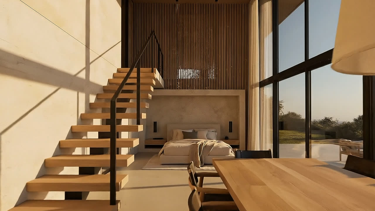 The dining table beside the open-tread stair, with full-height glazing to the terrace and the double-height void above.