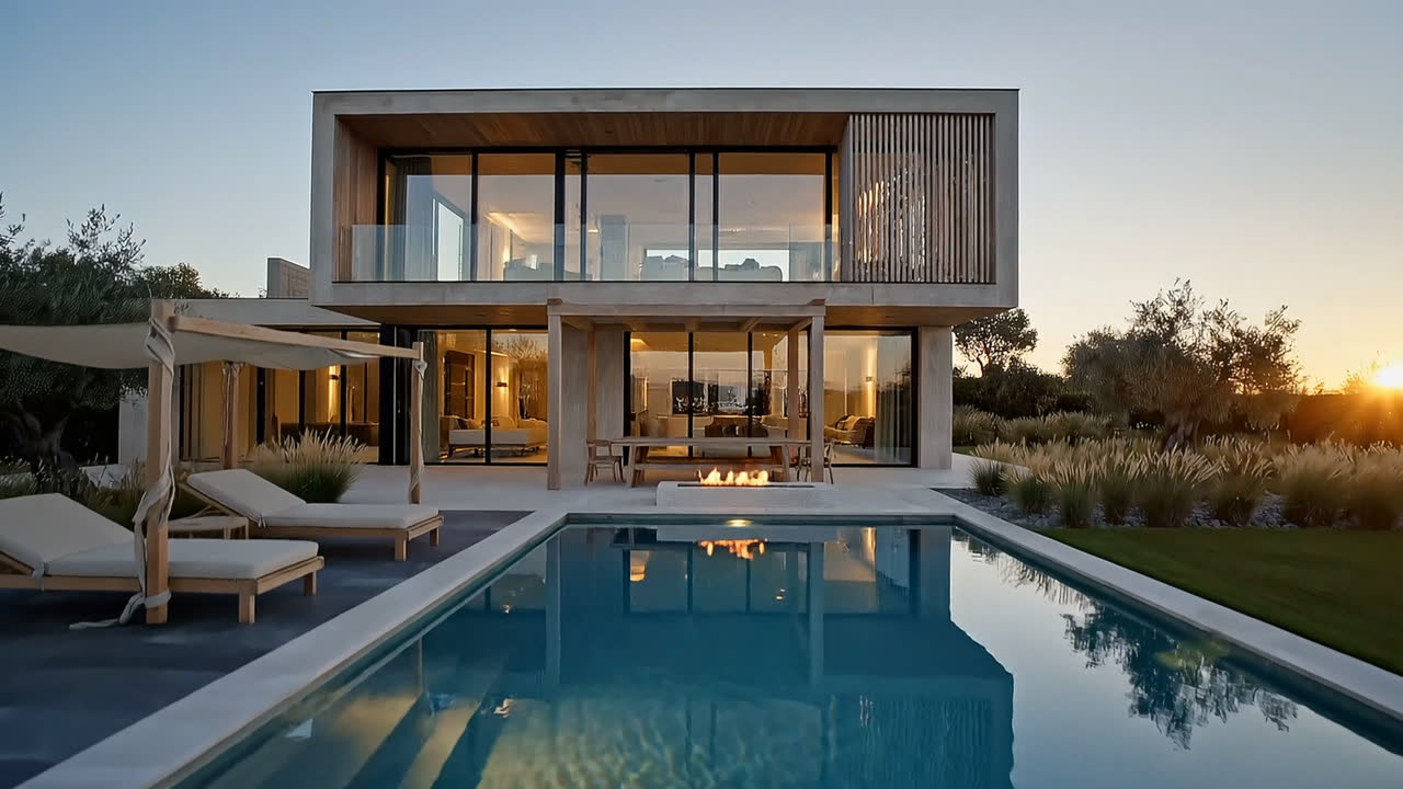 The rear elevation at dusk: a timber-clad upper volume cantilevered over a fully glazed ground floor, warm interior light behind the glass, a lap pool running the length of the terrace.