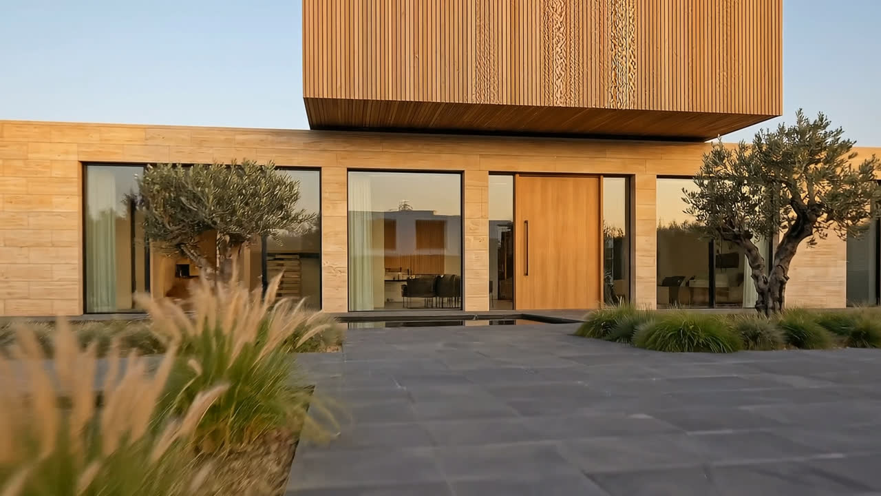 The entry elevation from the drive, the timber upper storey cantilevered over a recessed glazed entrance, mature olive trees against stone paving.