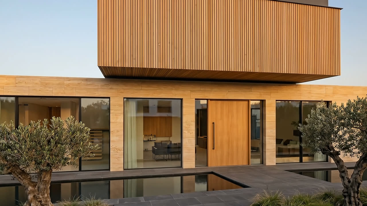 The entrance seen across a shallow reflecting pool, with the glazed ground floor and a solid timber front door beneath the overhang.