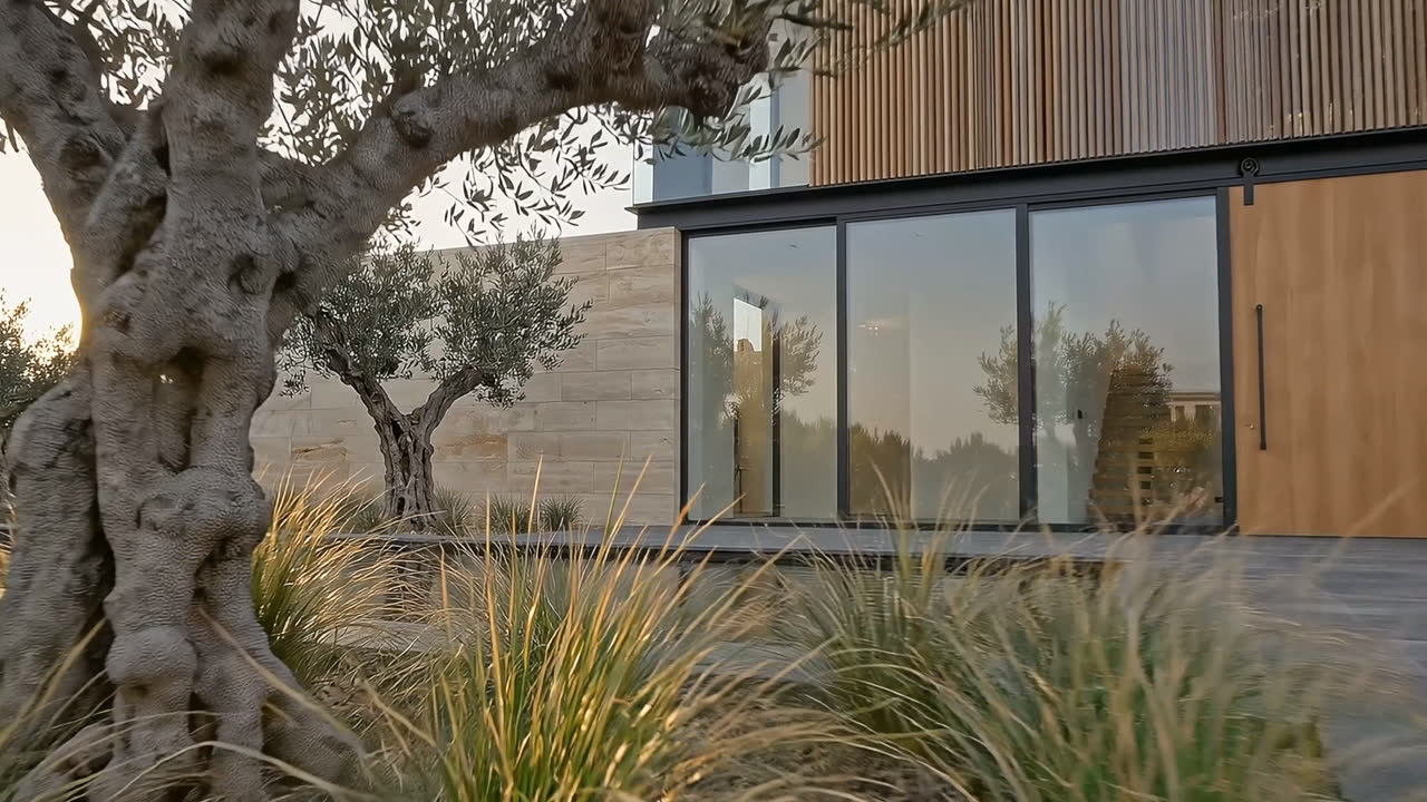 Late sun raking through an olive tree onto the glazed elevation and the timber screens beside it.