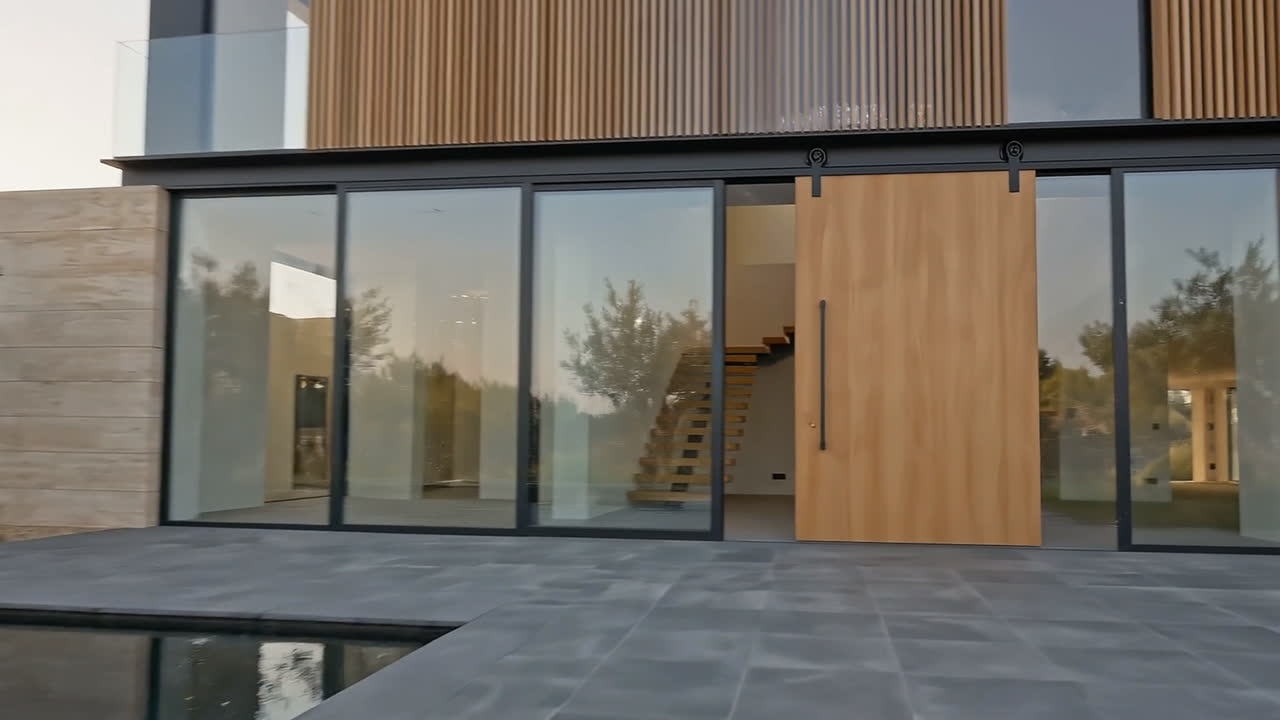 The renovated garden elevation, full-height glazing behind an olive tree with a shallow water channel along its base.