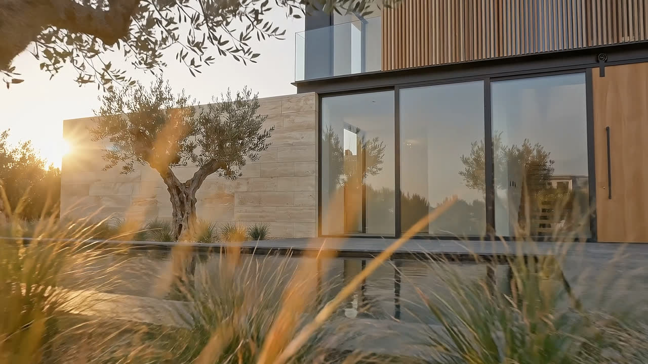 A mature olive trunk in the foreground with the glazed elevation and timber cladding behind it.