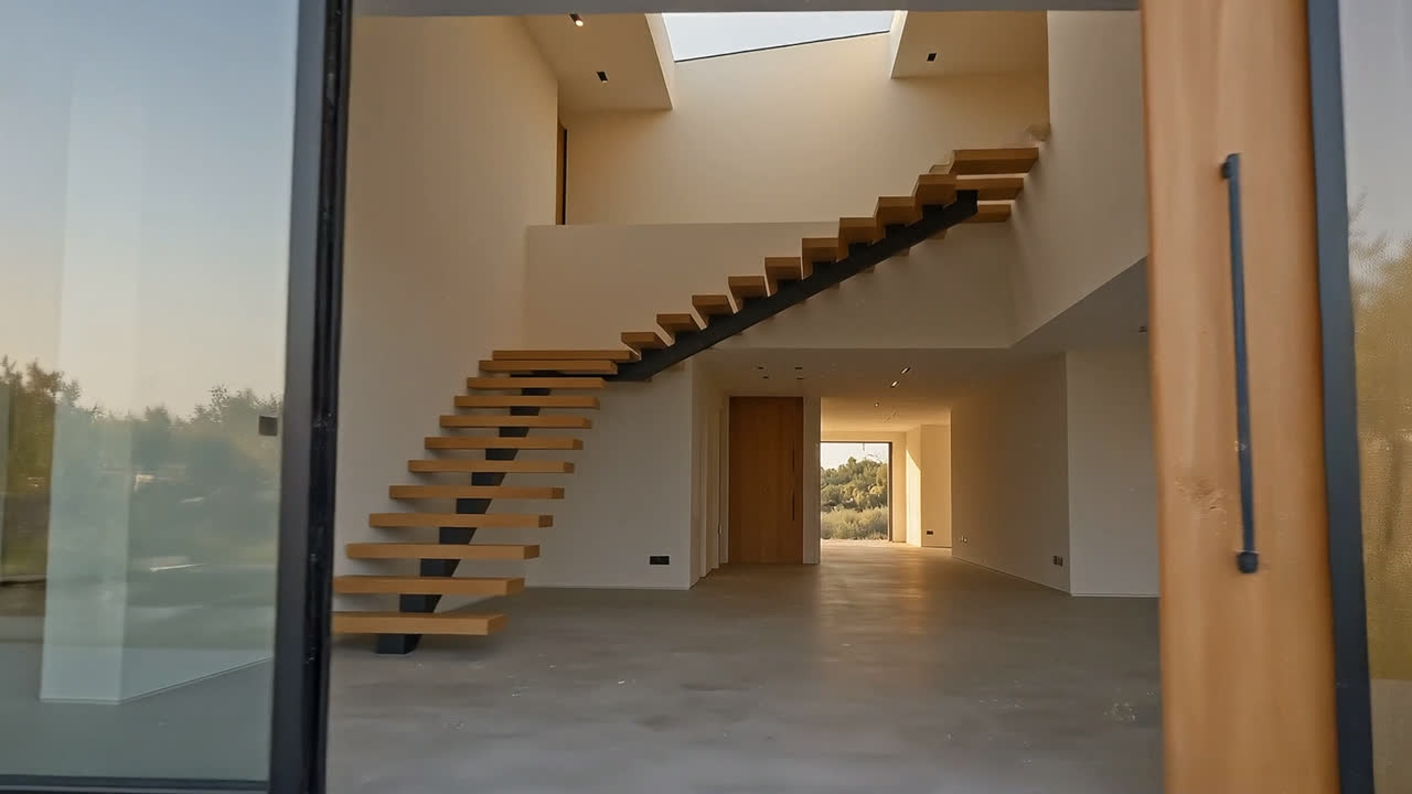 The double-height volume before fit-out, with an open-tread stair against a plain plaster wall.