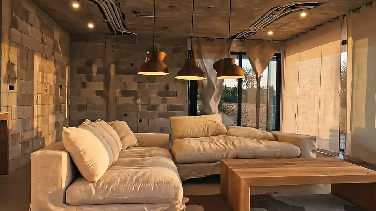 The living area against the stone spine wall, low linen seating, a solid timber coffee table and a row of pendant lights.