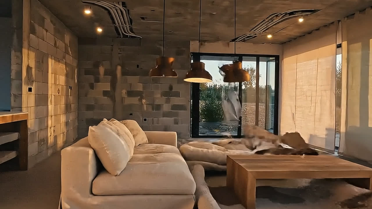 The informal meeting area against a textured stone wall, with low seating and pendant lights.
