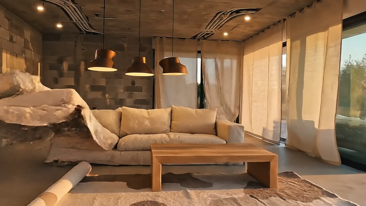 The living area looking towards full-height glazing, a linen curtain drawn to one side.