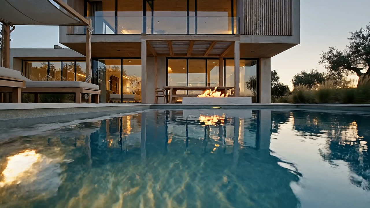 The lap pool at dusk with an open fire at the far end, the house behind it lit from within, olive trees against a deep blue sky.