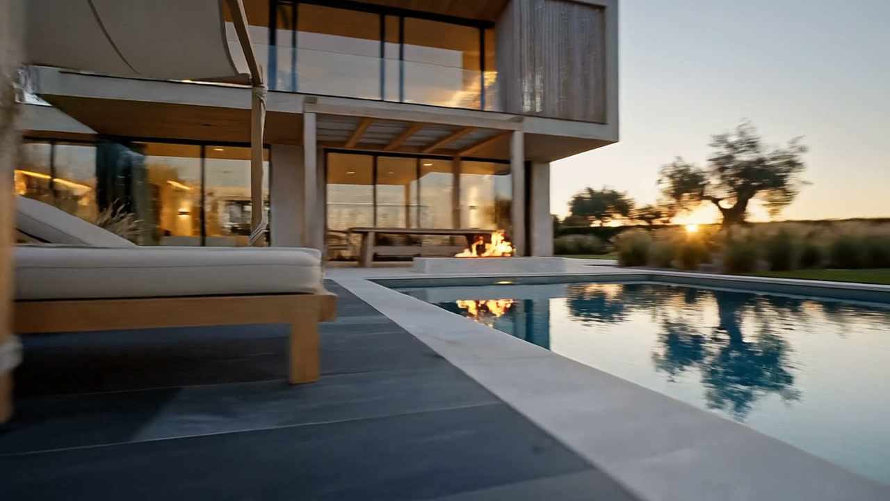 An open fire beside the lap pool at dusk, loungers under a canopy and the lit house behind.
