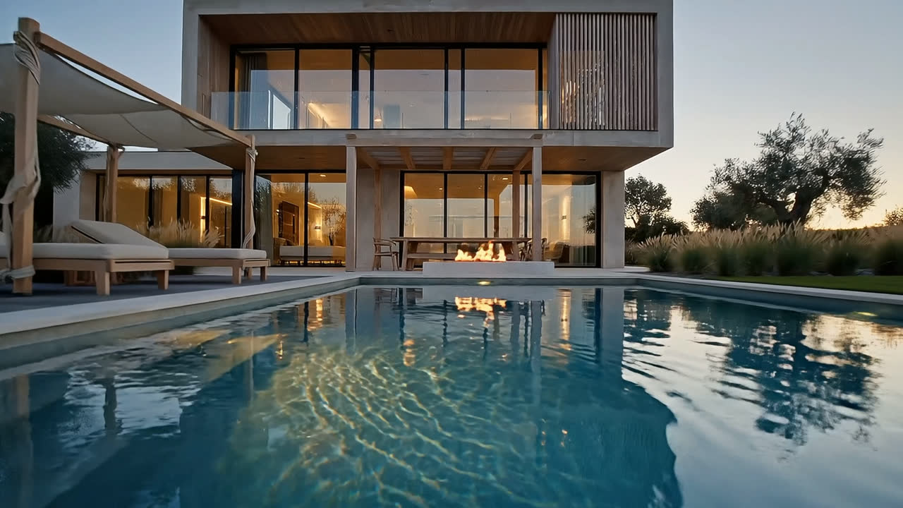 A lap pool at sunset with a timber lounger at its edge, the house beyond reflected in still water.
