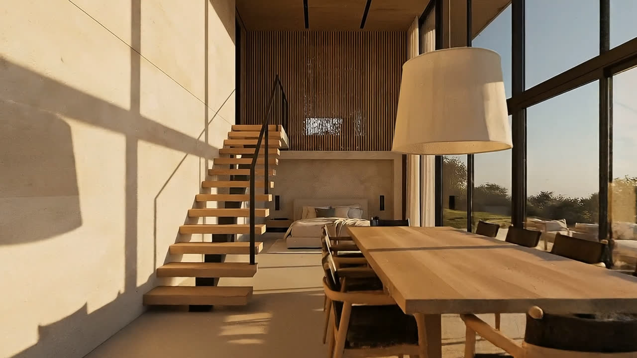 Oak stair treads and a dining table below a tall window, with a floor lamp at the corner.