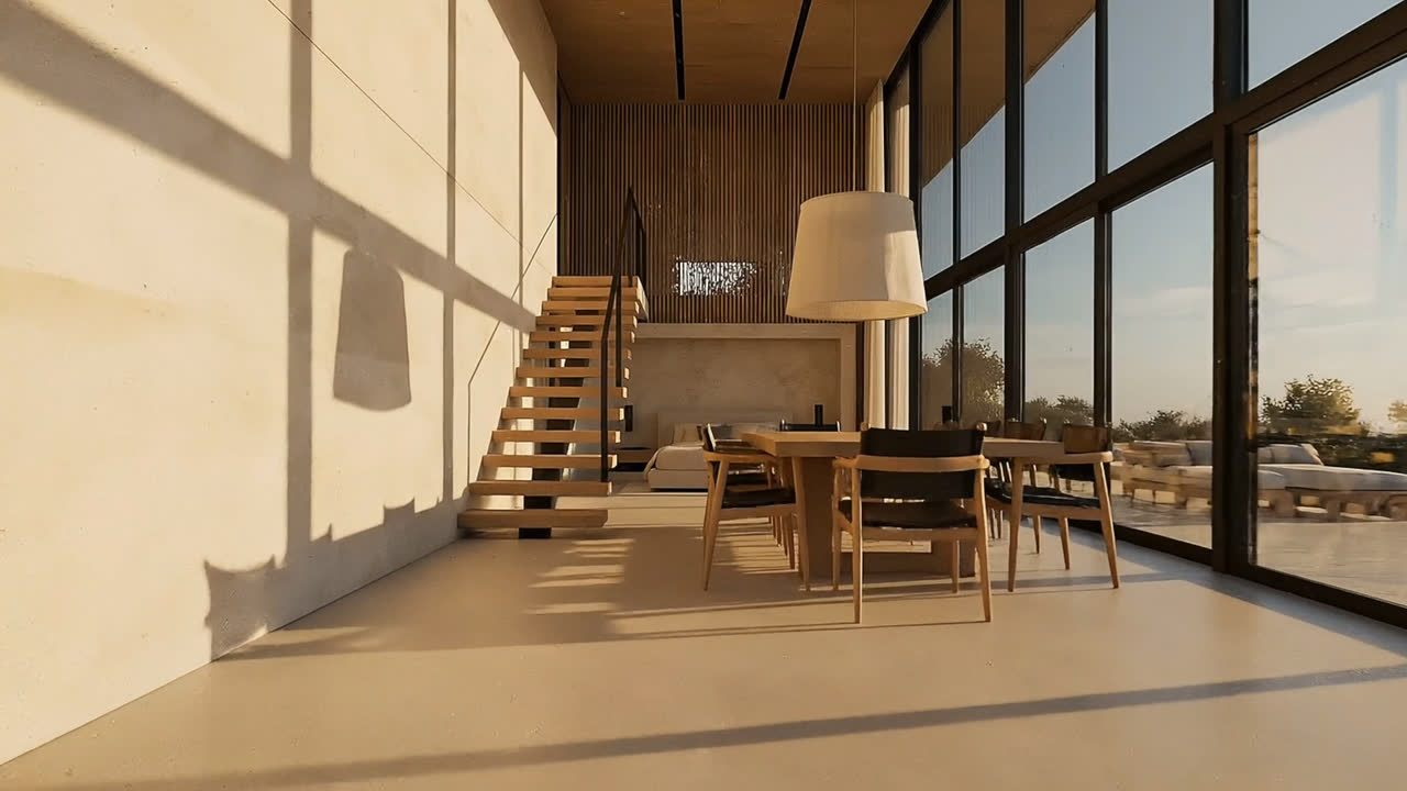 An open-tread timber stair rising through a double-height room, with a dining-height work table and tall glazing beyond.